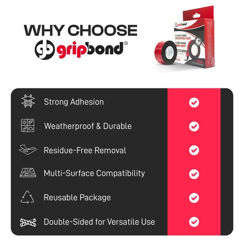 GripBond Black Super Bond Heavy Duty Double Sided Tape, 4 Rolls (18.3 Ft), 1.2” x 220” – Waterproof Adhesive Mounting Tape for Indoor/Outdoor, Walls, Automotive, Car, LED Strip Lights, Home, Office