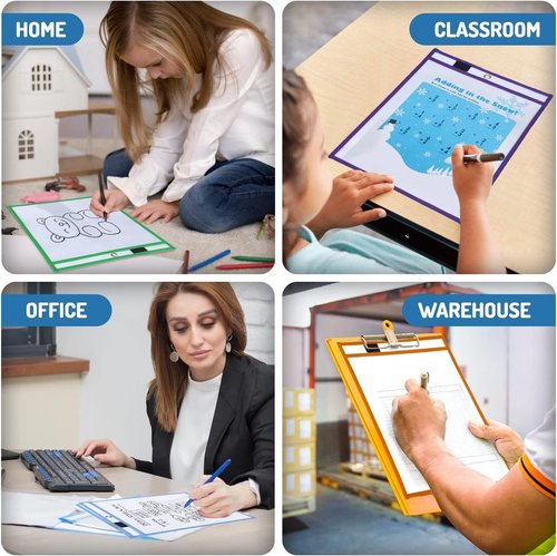 BONBELA Dry Erase Pockets 50 Pack - 10 x 13 Reusable Dry Erase Pocket Sleeves for Work & School Worksheets - Heavy Duty Clear Pocket Sleeves - Quickly Wipe to a Flawless Clean (Multicolor)