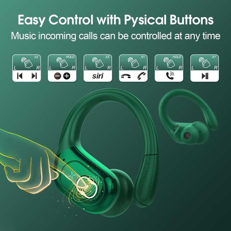 Wireless Earbuds 75hrs Bluetooth 5.4 Headphone Sport, 2026 Bluetooth Earbuds Stereo Deep Bass Over Ear Bud with Earhooks, ENC Noise Cancelling Mic, IPX7 Waterproof Earphone for Gym/Workout, Dark Green