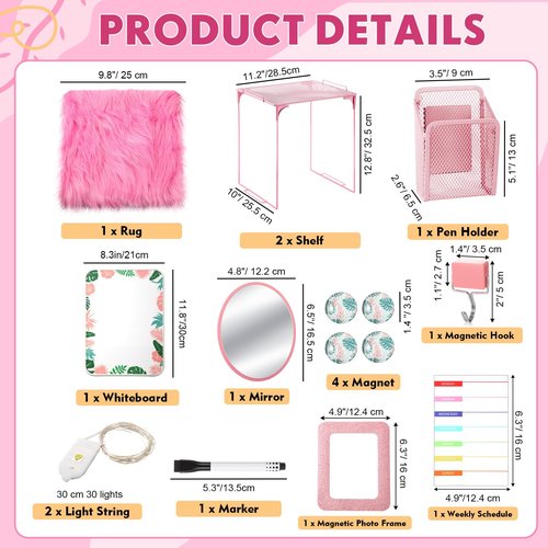 Suzile 16 Pcs Pink Locker Accessories Kit Included Locker Organizer Shelf, Magnetic Whiteboard, Course Schedule, Rug, Magnetic Mirror, Pen Holder, Pen, Planner, Photo Frame, Clips, Light String