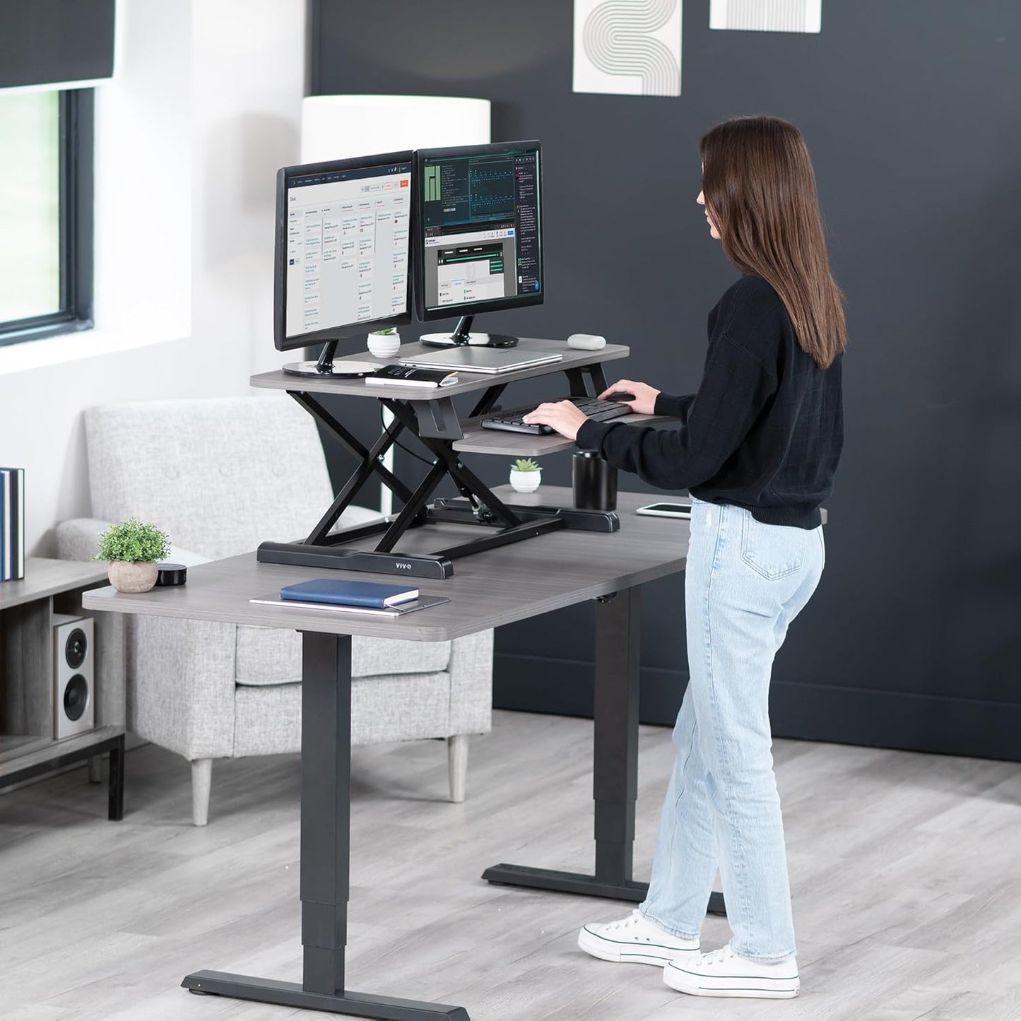 VIVO 36-Inch Height Adjustable Desk Converter - Sit to Stand Dual Monitor Workstation | Gray Top, Black Frame