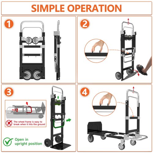 3 in 1 Heavy Duty Folding Hand Truck, Convertible Portable Steel Dolly with Telescopic Handle, Foldable Utility Cart with Rubber Wheels, 500 LBS
