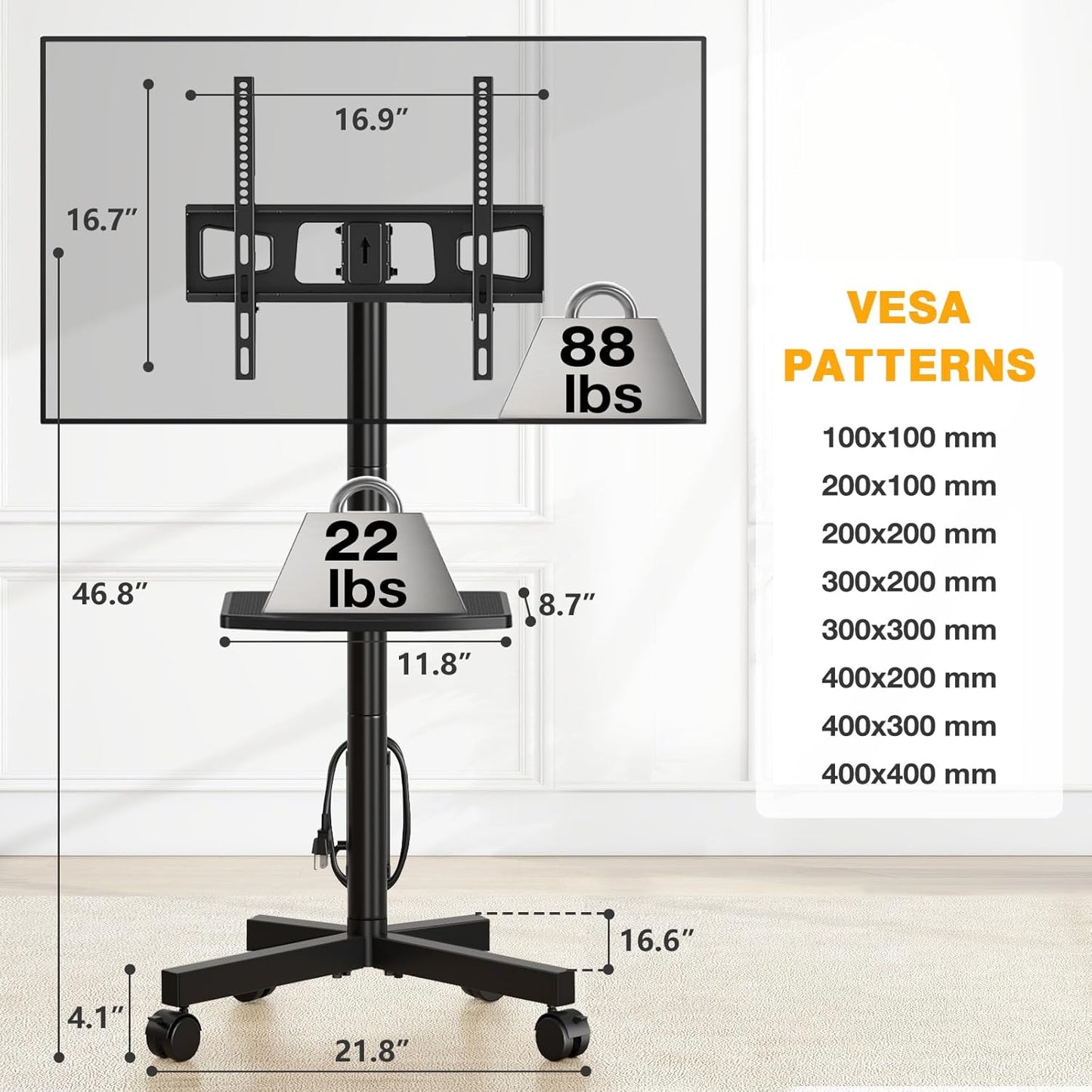 TVON Mobile TV Stand - Adjustable Rolling Cart with Power Outlet for 23-65 Inch TVs | Max VESA 400x400mm