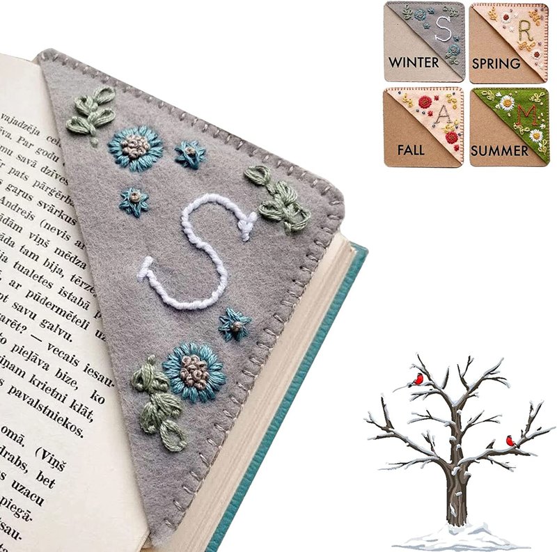 Personalized Hand Embroidered Corner Bookmark, 26 Letters Cute Flower Embroidered Corner Bookmark Embroidery Book Marker Clip for Book Lovers Bookmarks for Reading Lovers Meaningful GIF (Winter, A)