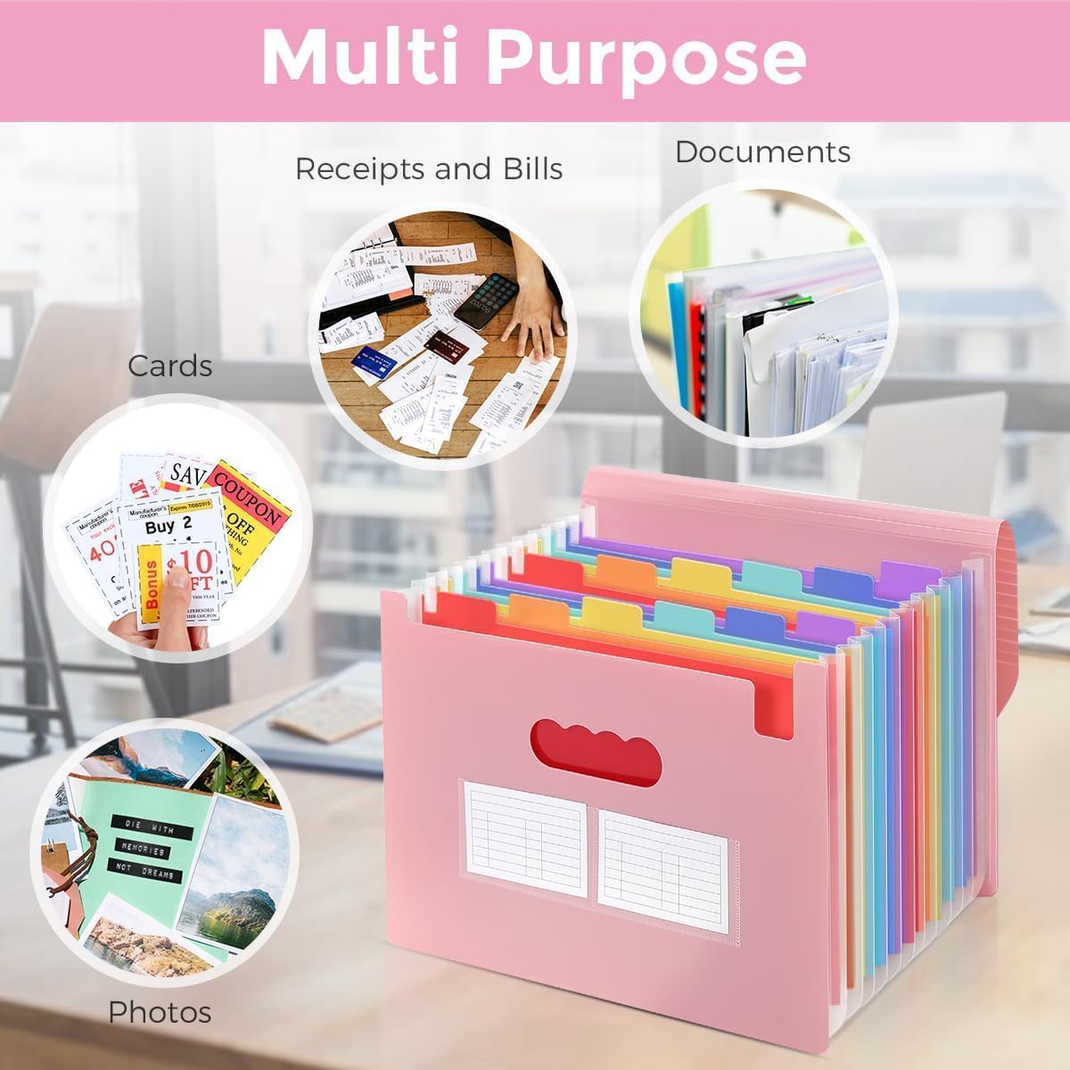 SKYDUE Accordion File Organizer - Expanding 13-Pocket Folder for Documents | Portable A4 Size Pink