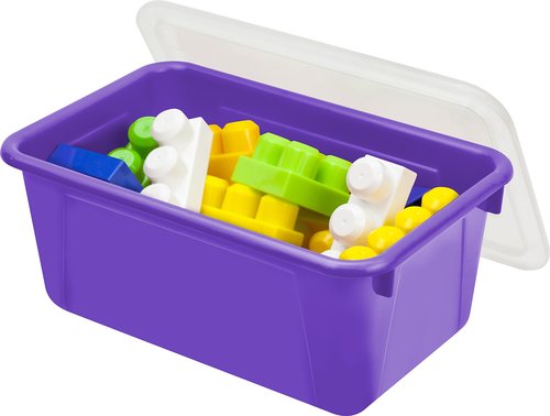 Storex Small Cubby Bins – Plastic Storage Containers for Classroom with Non-Snap Lid, 12.2 x 7.8 x 5.1 inches, Purple, 5-Pack (62411A05C)