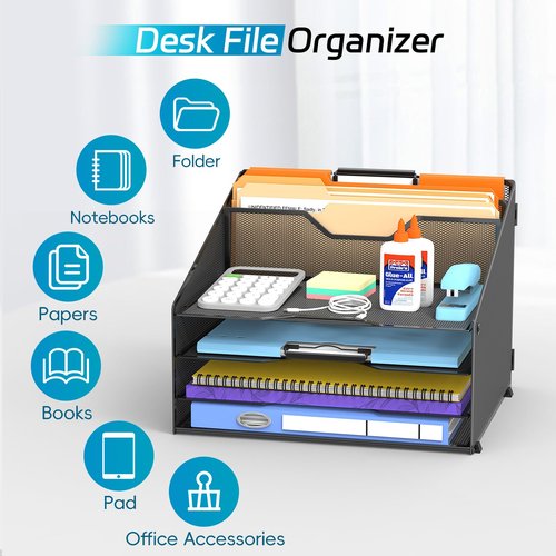 ReePlan Desk File Organizer, Desk Organizers & Accessories with 4 Trays and 2 Vertical Upright Sections, for Student & Teacher, Office, School, Home Black