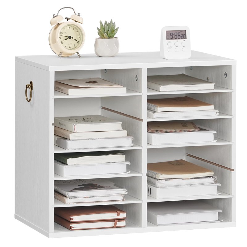 HOOBRO Literature Organizers, 12 Compartments Office Mailbox with Adjustable Shelves, Wood Countertop Literature Sorter for Office, Home, Classroom, Mailrooms Organization White WT12WF01