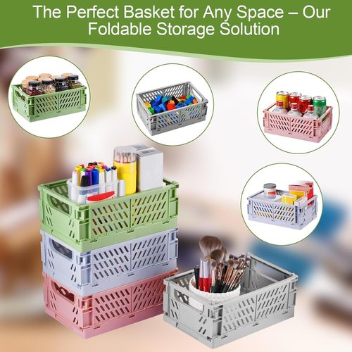 HUUSMOT Small Pastel Plastic Storage Baskets - Collapsible Organizing Crates | Space-Saving Mini Bins (Blue, 9.8" x 6.5" x 3.8")