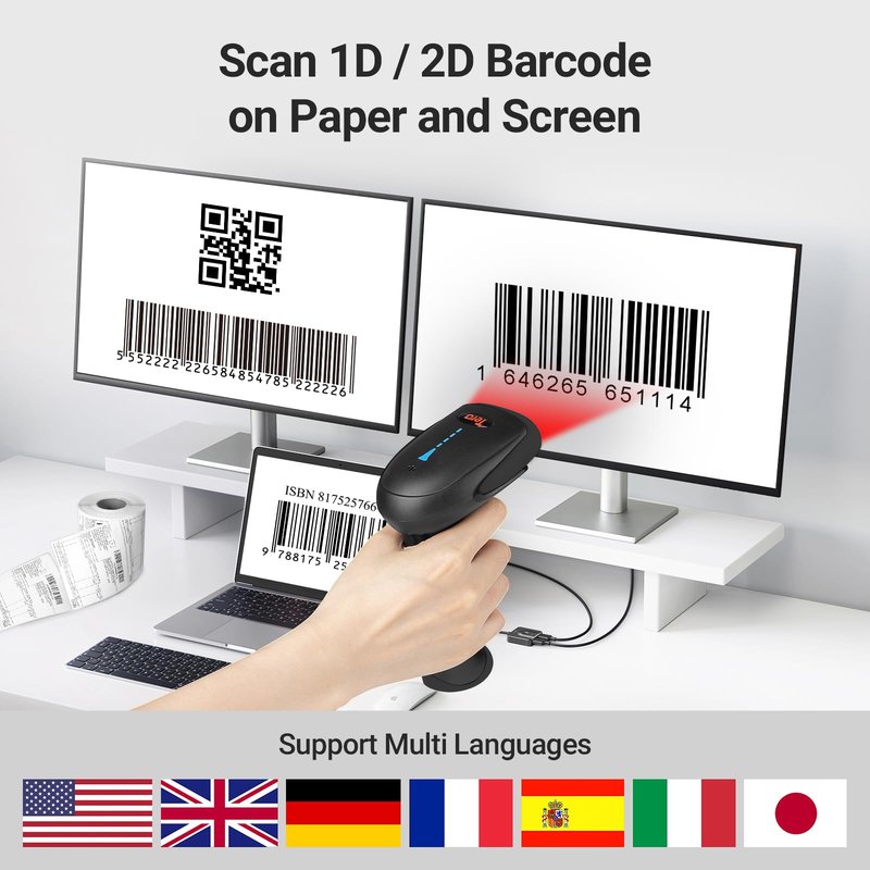 Tera Barcode Scanner Wireless 1D 2D QR with Stand: Battery Level Indicator 3 in 1 Works with Bluetooth 2.4G Wireless USB Wired Handheld Bar Code Reader with Vibration Alert HW0002 Black