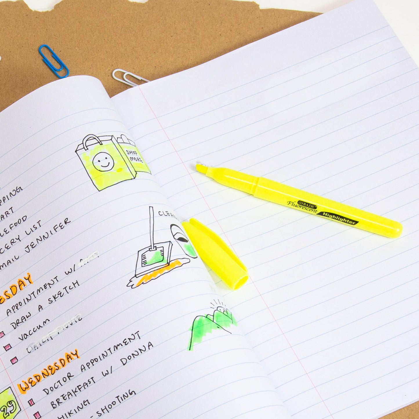BAZIC PRODUCTS Yellow Fluorescent Highlighters, Pen-Style, Pocket Clip, Chisel Tip, 5 Count, Quick-Dry Highlighter Ink