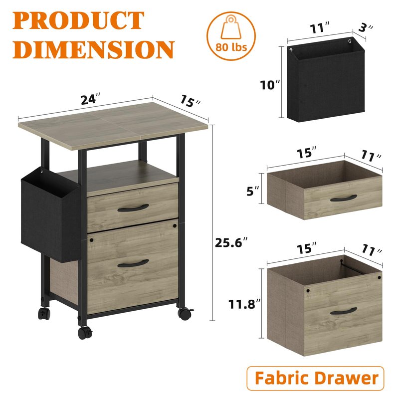 GYIIYUO 2 Drawer File Cabinet with 24'' Extended Desktop, Mobile Filing Cabinet, Rolling File Cabinet with Side Bag, Fabric Drawer, Fits A4/Letter Size, Printer Stand Home Office, Oak Grey