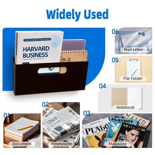 SINNNBLE Magnetic Acrylic Wall Mount File Holder Organizer Hanging Files Magazines Newspaper and Mail Letter Paper Document Folder Perfect for Office and School Use (Black)