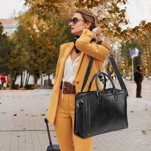 Banuce Genuine Full Grains Italian Leather Briefcase for Women Lawyer Bag 15.6 Inch Laptop Work Bag Black