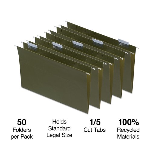 Staples Hanging File Folders, 1/5-Cut Tab, Legal Size, Includes Tabs & Paper Inserts, Perfect for Home, Office, Classroom, 50-Pack, Green