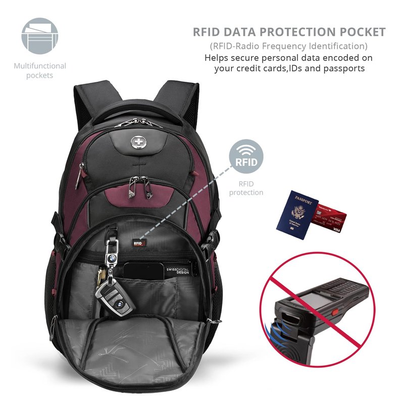 Swissdigital Design Laptop Backpack with USB Charging Port, Travel Backpack Fits 15.6 inches Computer, 31L College School Backpack for Women, Angola red/Black | SD803-44