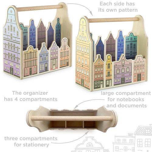 Vemkel Wooden Desk Organizer Amsterdam, Pencil and Pen Holder, Desk Caddy Organizer for Office Supplies Storage, Papers and Stationery Organizer ā 4 Compartments