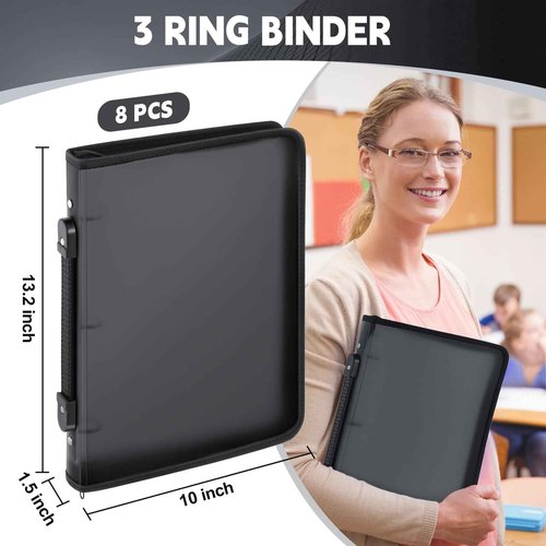 Teling 8 Pcs Zipper Binders with 3 Ring Zipper Binder, Refillable Plastic Clear File Organizer Planner for Projects, Assignments, Memos, School Work (1.5 Inch,Black)