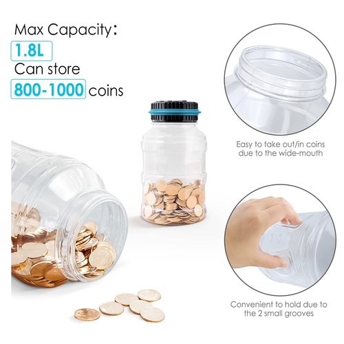 Large Piggy Bank for Boys Adults, Vcertcpl Digital Coin Counting Bank with LCD Counter, 1.8L Capacity Coin Bank Money Jar for Adults, Designed for All US Coins (Blue)