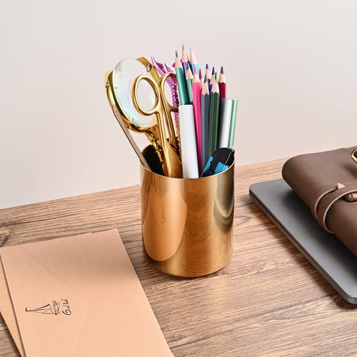 Lidwot Set of 2 Golden 304 Stainless Steel Mirror-Polished Round Pen Holder – Nordic Style Pencil Cup & Makeup Brush Organizer for Office, Home, Kitchen, Bathroom, and Vanity