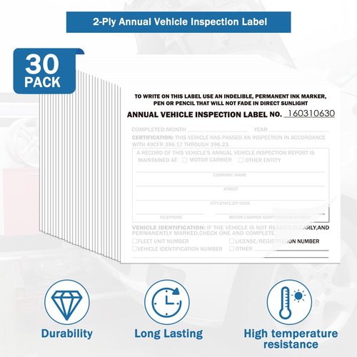 PUNCHMAN 30Pack DOT Annual Vehicle Inspection Forms and Label,30-Pk 3-Ply Annual Vehicle Inspection Report with Carbon Copies with Hardboard,30-Pk 2-Ply FMCSA Annual Inspection Adhesive Vinyl Sticker