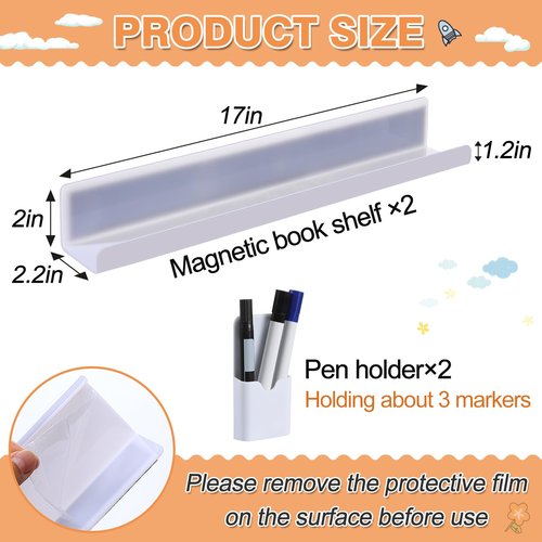 2 Set Acrylic Magnetic Book Shelf & Pen Holder for Whiteboard, 8.8Lbs Bearing Magnetic Books Display Holder for Teacher Classroom Office, White