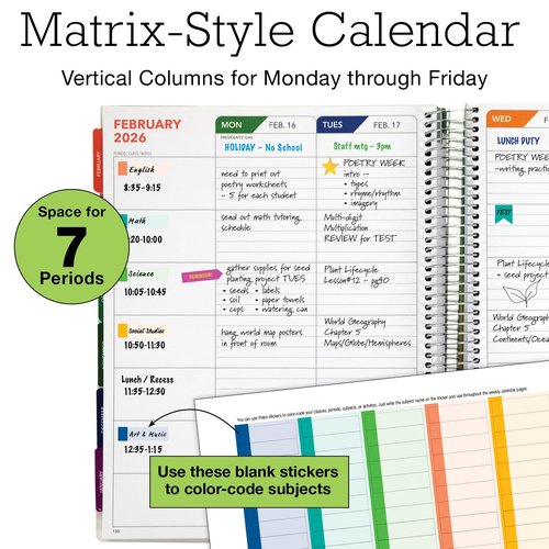 Aug 2025-Jul 2026 Deluxe Teacher Planner Notebook 8.5x11 Daily Weekly Monthly Organizers with 7 Periods, Pocket Folder, Dated Calendar, Page Tabs, Bookmark and Planning Stickers (Rainbow Floral)