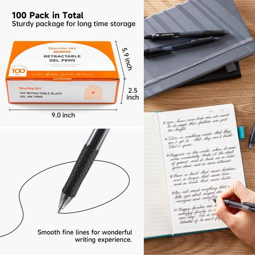 Shuttle Art School & Work Supplies Bundle, 100 Pack Black Retractable Gel Pens + 60 Pack Black Retractable Gel Pen Refills 0.7mm Fine Point for Writing Journaling Taking Notes School Office Home