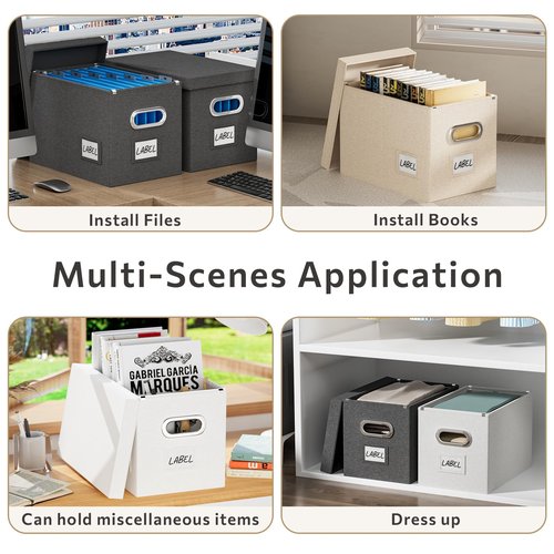 Chizjox File Organizer Box with Lid - Set of 2 Portable Hanging filebox, Collapsible Linen Decorative Filing Storage Boxes for Office & Home File Cabinet (Beige 14 x 9.3 x 10.9 inch)