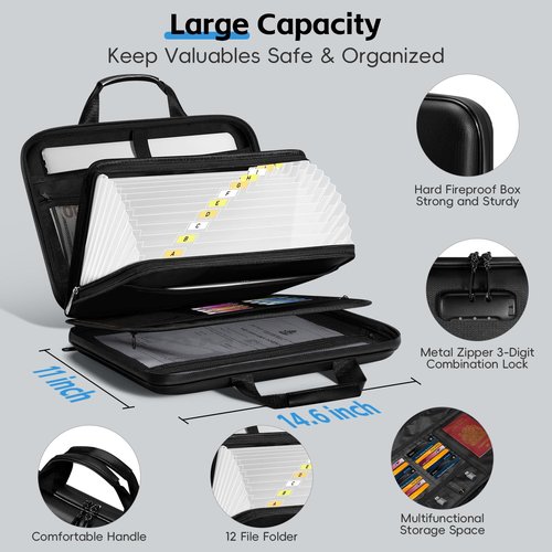 Fireproof Document Organizer Box with Lock & File Folder, Portable Hard Case Fire Proof Safe Bag for Documents Files Valuables, Home Office Travel Family, Emergency Preparation, Lightweight, Black