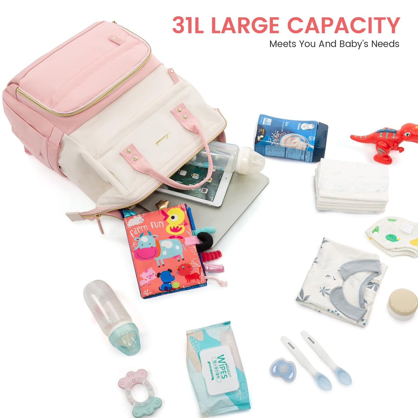 LOVEVOOK Diaper Bag Backpack, Baby Bag with Changing Station, Large Diaper Backpack for Moms Dads, Waterproof Leather Accents Baby Boy and Girl Bag for Travel Baby Essentials, Pink-Beige