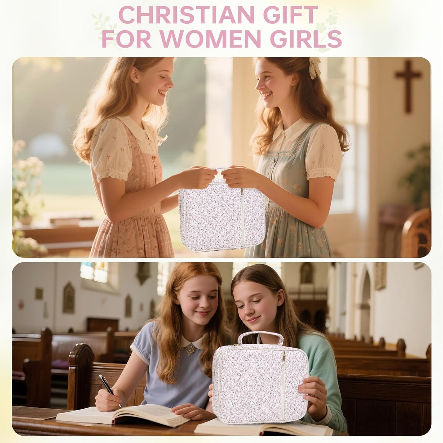 Skiennix Bible Cover Case - Durable Quilted Design for Women | Large Mini Pink Flower Carrying Case