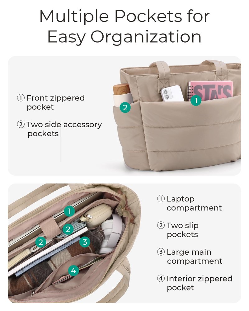 BAGSMART Tote Bag for Women, Lightweight Puffy Tote Bag with Compartments Shoulder Bag Handbag for Travel, Work, Gym (c-Standard Size-Grayish Brown, Standard Size)