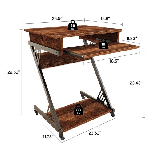 ALISENED Computer Desk for Small Spaces,23.6" Z-Shaped Compact Study Table with Smooth Keyboard Tray,with Wheels and Bottom Shelves for Home Office,Computer Cart Mobile Laptop Cart