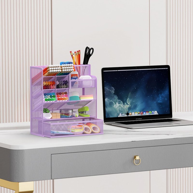ReePlan Mesh Pen Organizer for Desk - Multi-Functional Pencil Holder with Drawer Desk Organizers, Large Capacity Storage for School Office Home Supplies (Purple)