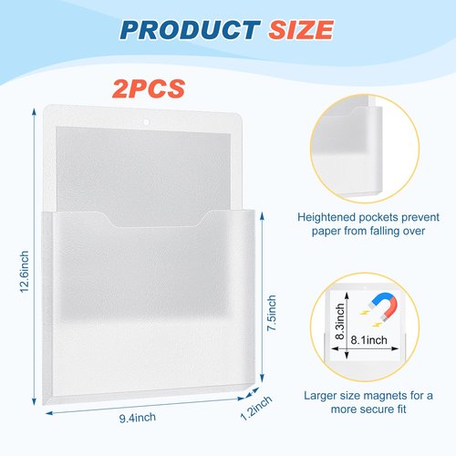 Feifeiya 2 Pack Magnetic File Holder Large Magnetic Pocket Wall Hanging Magazine Organizer Paper Mail Letters for Refrigerator Classroom Locker Whiteboard(Vertical,Clear Color,10x13 Inches)