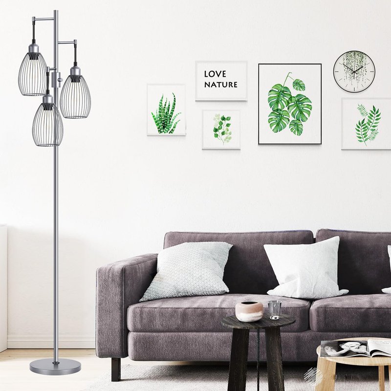 Nintiue Dimmable Floor Lamp, 3 x 800LM LED Edison Bulbs Included, Industrial Floor Lamp Standing Tree Lamp with Elegant Teardrop Cage Heads Tall Lamps for Living Room Bedroom-Grey
