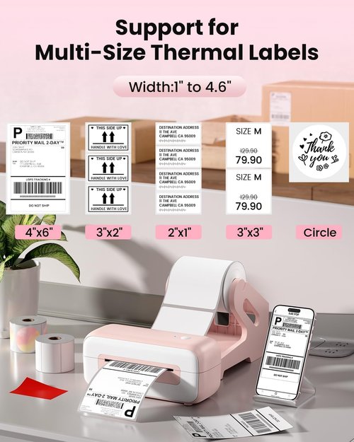 Phomemo Bluetooth Thermal Label Printer - Fast Inkless 4x6 Shipping Labels for Small Business | Compatible with iPhone, Android, Windows, Mac - Pink