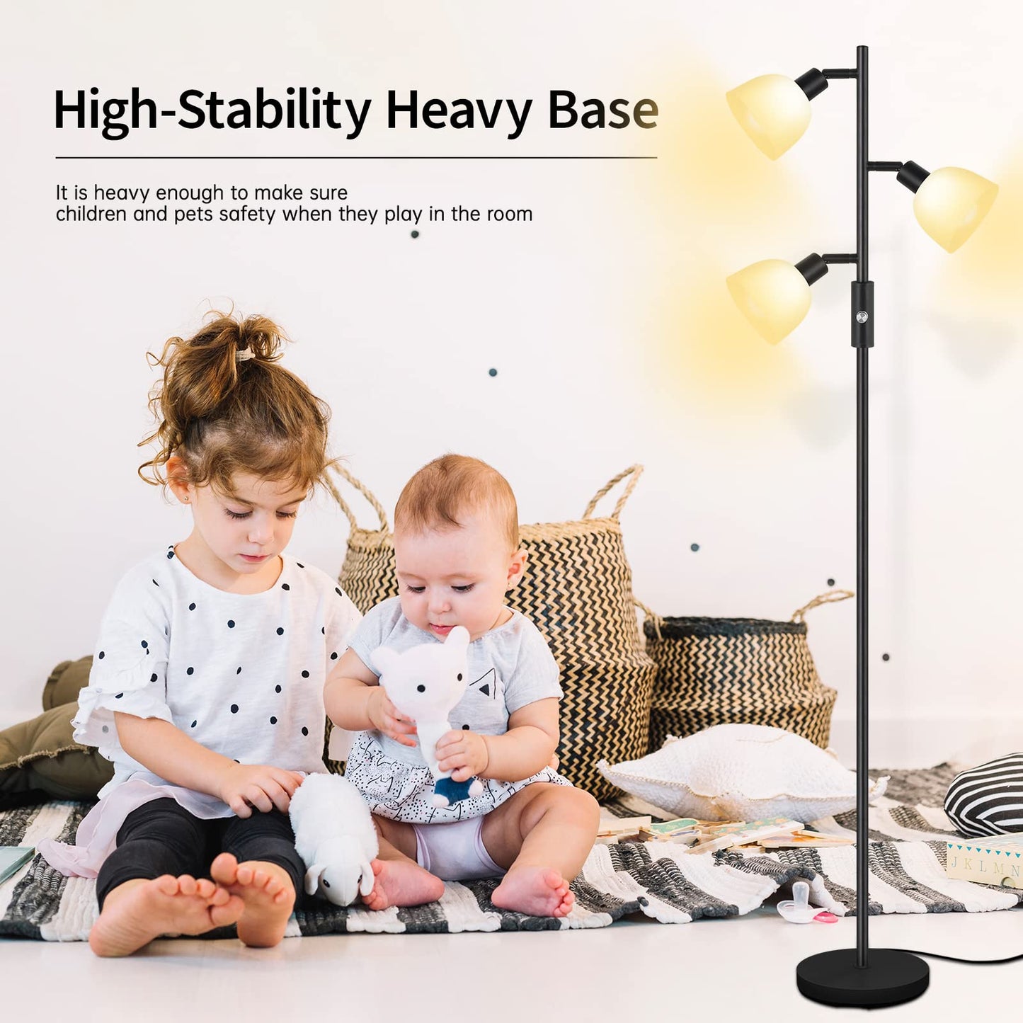 BoostArea Floor Lamp, Standing Lamp, Torchiere Floor Lamp with 3 Adjustable Rotating Lights, 3 Way Switch, 3PCs E12 4W LED Bulb Included, Metal Pole Lamps for Living Room, Bedroom, Home, Office