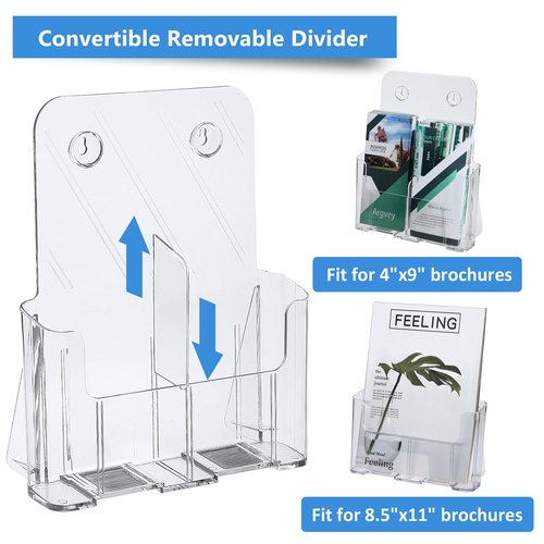 Acrylic Brochure Holder 8.5 x 11 inches, 2 Pack Clear Brochure Display Stand with Removable Divider for Trifold 4 Inches Wide Pamphlet, Plastic Flyer Holder for Magazine, Literature, Booklet