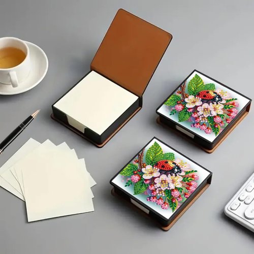 BAYUNOE Memo Paper Storage Box Diamond Art Painting Leather 4.2x4.2 in Sticky Note Holder for Organizer Notepad Holder with 160 Sticky Notes Office Supplies Desk Accessories-Ladybird