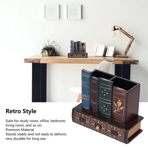 Tomotato Antique Books Design Retro Pen Holder, Wood Decorative Desk Organizer Caddy Wooden Pencil Organizer for Office Countertop Desk Table (6 x 5 x 3in)