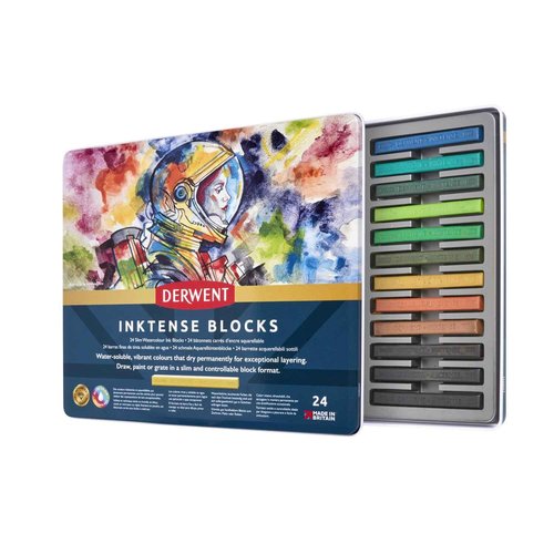 Derwent Inktense Blocks 24 Tin, Set of 24, 8mm Block, Soft Texture, Watersoluble, Ideal for Watercolor, Drawing, Coloring, Crafts and Painting on Paper and Fabric, Professional Quality (2300443)