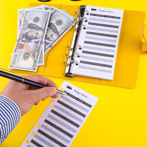 60PCS Budget Sheets for A6 Binder, 6-Holes Expense Tracker, Spending Tracker, Cash Ledger Book Wallet Bill Organizer, Black