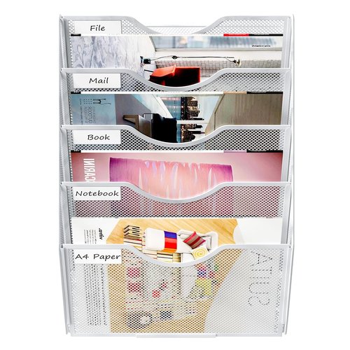 PAG Hanging Wall File Holder, 5 Tier Mail Sorter for Wall, Mesh Office Wall Organizer For Papers/Folders/Files Clipboard & Magazine, White