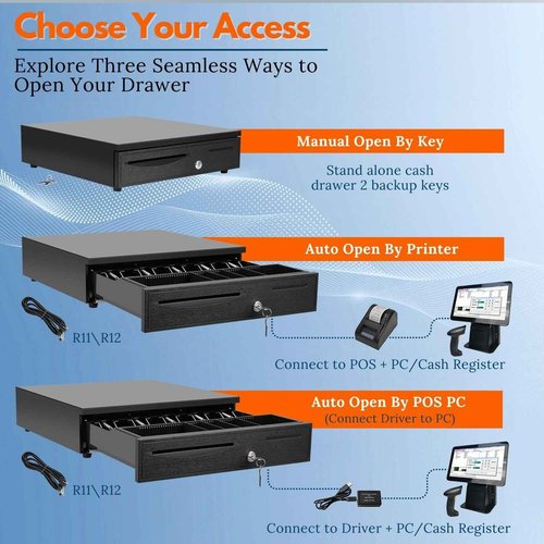 Flexzion Cash Drawer for Small Businesses - Black, 16-inch Metal Cash Register with Electronic RJ-11 Point of Sale (POS) Connection, 5 Bill 5 Coin Slots - Compatible with Star, Epson, Citizen Printers
