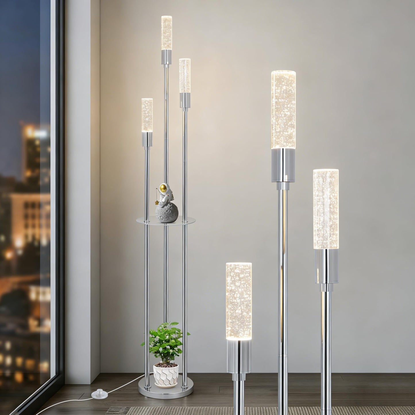 Stepeak Bubble Crystal Floor Lamp with Shelves, 3 Lights Modern Standing Lamps for Living Room, Built-in LED Lights, Foot Switch, Industrial Tall Corner Floor Lamp for Bedroom Home Office, Silver