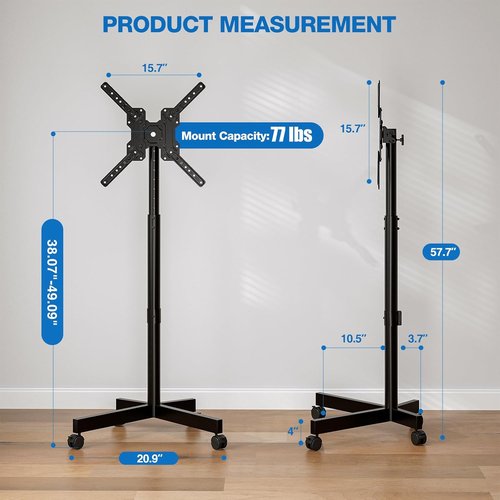 Mobile TV Cart - Adjustable Floor Stand for 13-55 Inch TVs | Tilt Mount, Holds Up to 77 lbs