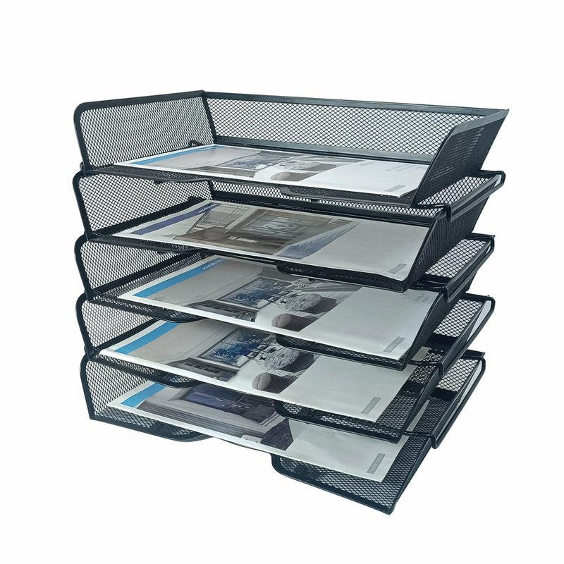5 Tier Metal Mesh Desk Organizer-Stackable Letter Trays for Office Supplies,Black File Storage System with Reinforced Edges