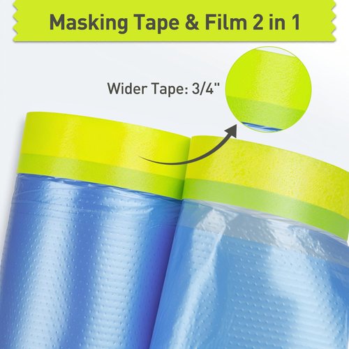 Pre-Taped Masking Film for Painting - 44" x 66' Painters Plastic Sheeting with Automotive Paint Tape and Drape for Covering Cars, Walls, Windows and Furniture Protection (6 Rolls)